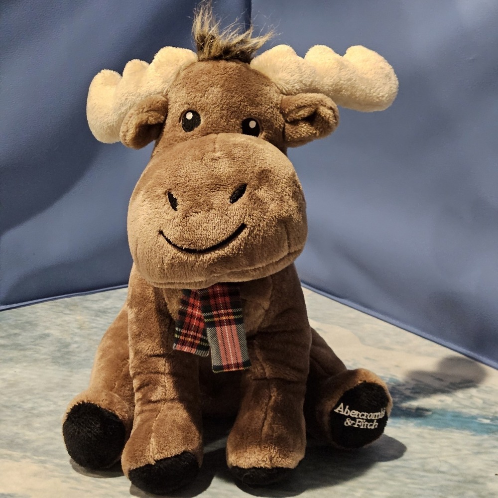 Abercrombie‎ & Fitch Moose Plush 15" Brown Stuffed Animal Plaid Scarf A&F